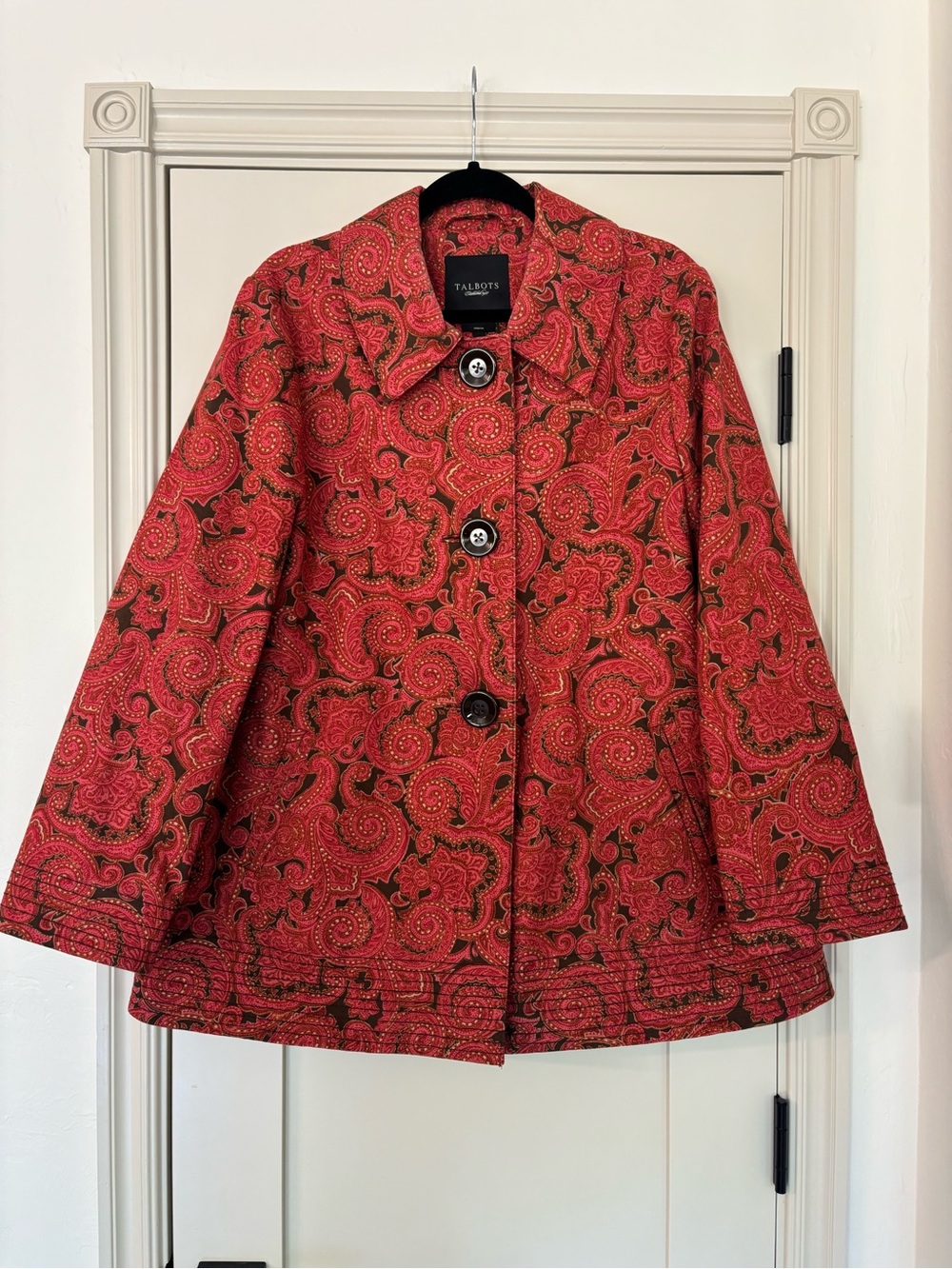 Talbots Paisley Brown Red Chunky Button-Front Swing Pea Coat Fall Layering Boho